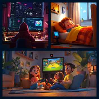 The image is a three-panel mosaic depicting various home activities: the top left shows a person working on multiple computer screens at night, the top right shows someone happily sleeping in a bright bedroom, and the bottom panel shows a family happily playing video games together in a living room.